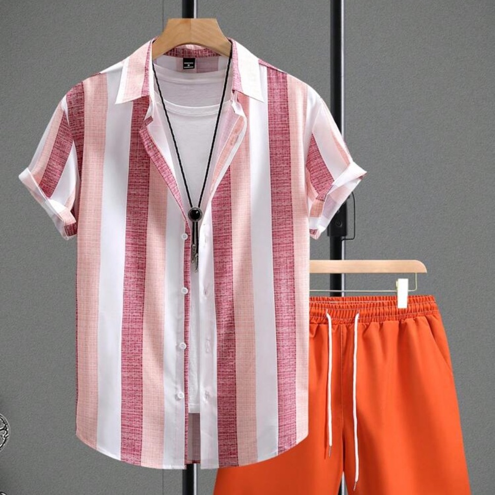 Manfinity Men's Color Block Striped Short Sleeve Shirt And Solid Color Shorts